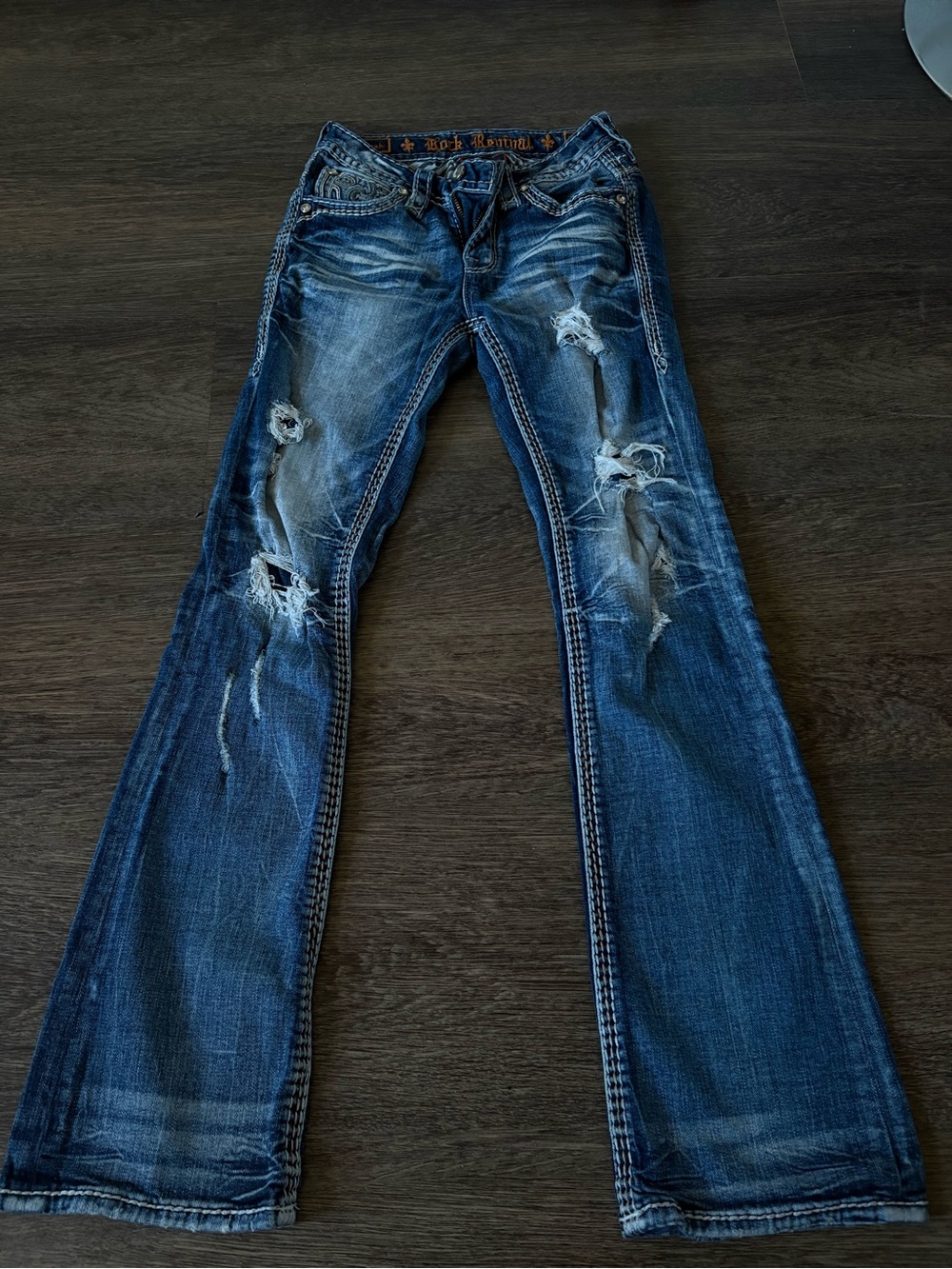 Rock Revival Women's Distressed Dark Blue Boot Cut Jeans